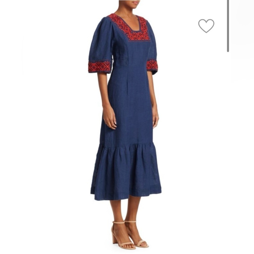Sea New York Leah Blue Cotton Embroidered Puff Sleeve Boho Midi Dress Size 4